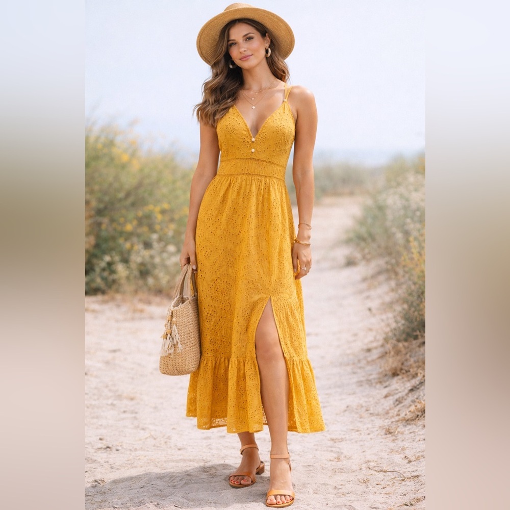 Simplee Eyelet Maxi Dress Mustard Yellow Boho Cottagecore Slit Women's S